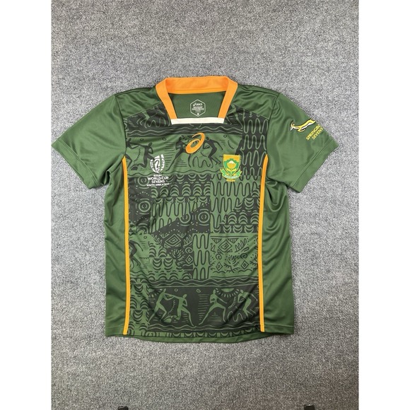 South Africa Springboks Rugby Jersey Mens L Green World Cup Sevens 2022 Asics - Picture 1 of 13